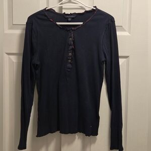 Tommy Hilfiger Dark Blue Long Sleeve Top with Floral Accents Size Medium